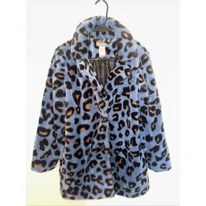Sans Souci Soft Leopard themed Faux Fur Jacket Small Blue Brown Printed Faux Fur